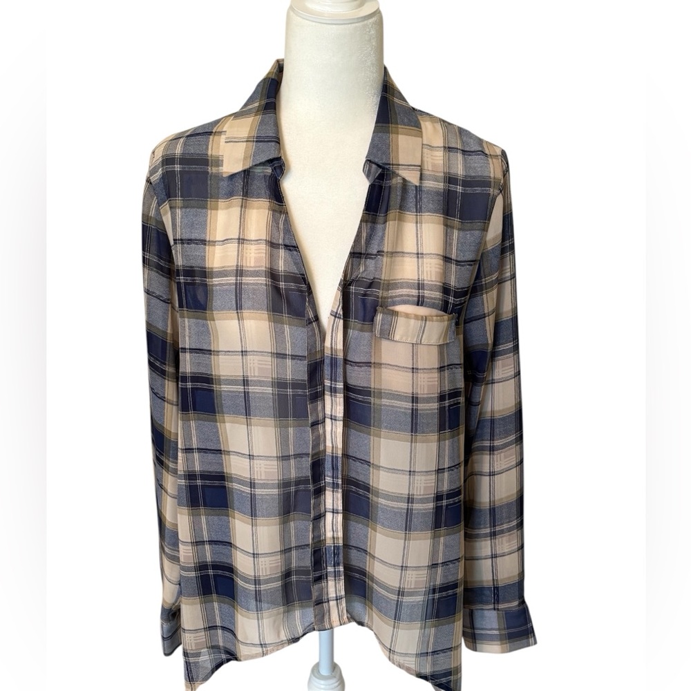 UNIQ Blue and Tan Plaid Semi Sheer Shirt Size Medium